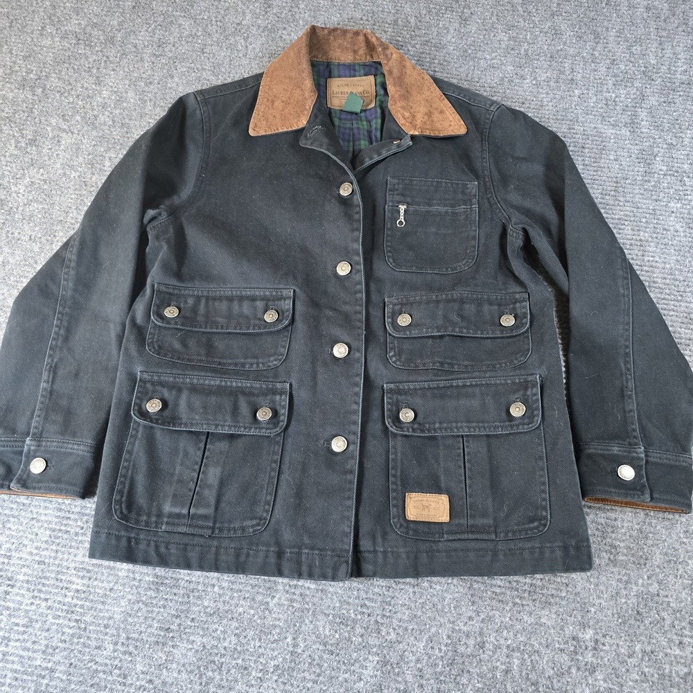 Vintage Lauren Jeans Co. Black Barn Chore Coat Jacket Small Suede Collar Polo